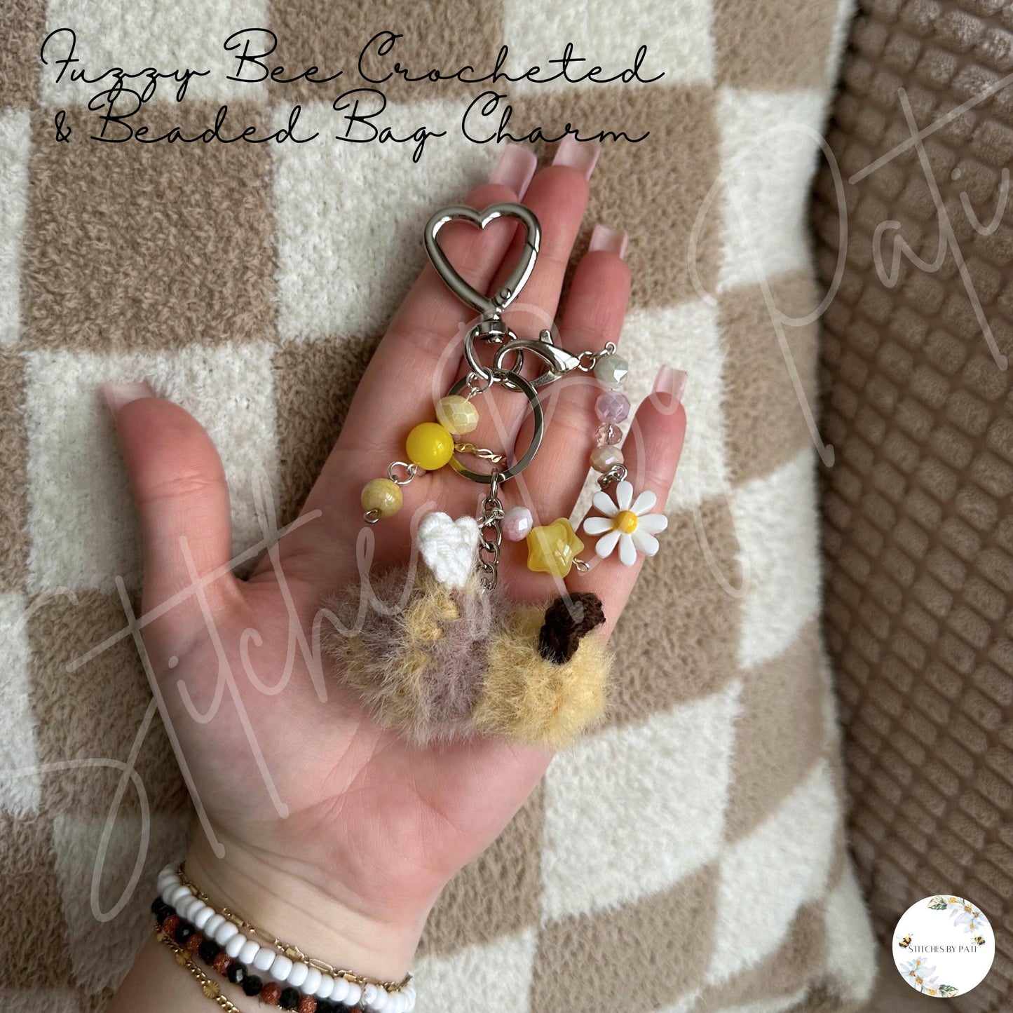 Beaded & Crocheted Fuzzy Bee Bag Charm with Removable Flower Zipper Charm - Beaded Keychain Accessory