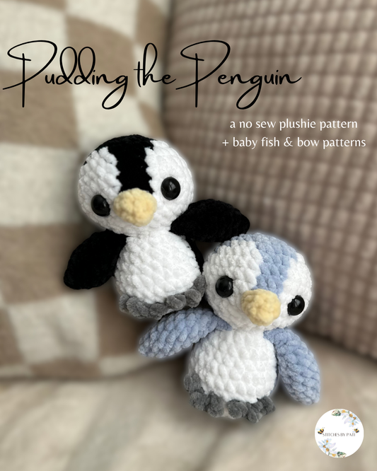 Pudding the Penguin Crochet Pattern - Includes Baby Fish & Bow Accessory Patterns - Penguin Plushie Crochet Pattern - No Sew Crochet Pattern