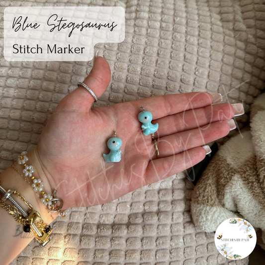 Custom Beaded Cyan Blue Dino Stitch Marker/Zipper Charm - Lobster Clasp - Crochet/Knitting