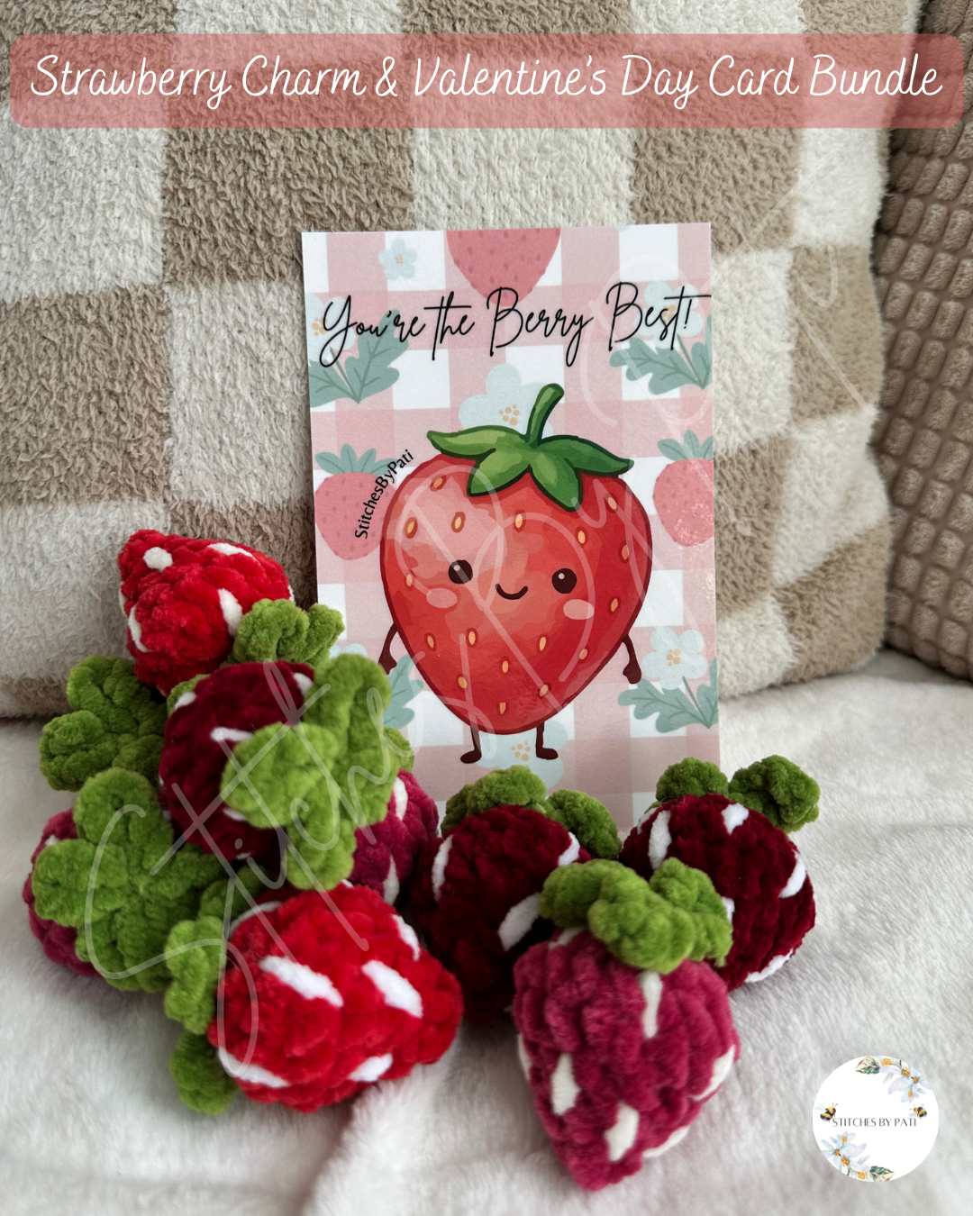 Strawberry Charm Gift Set - Charm  & Valentine's Day Card - Crochet Charm
